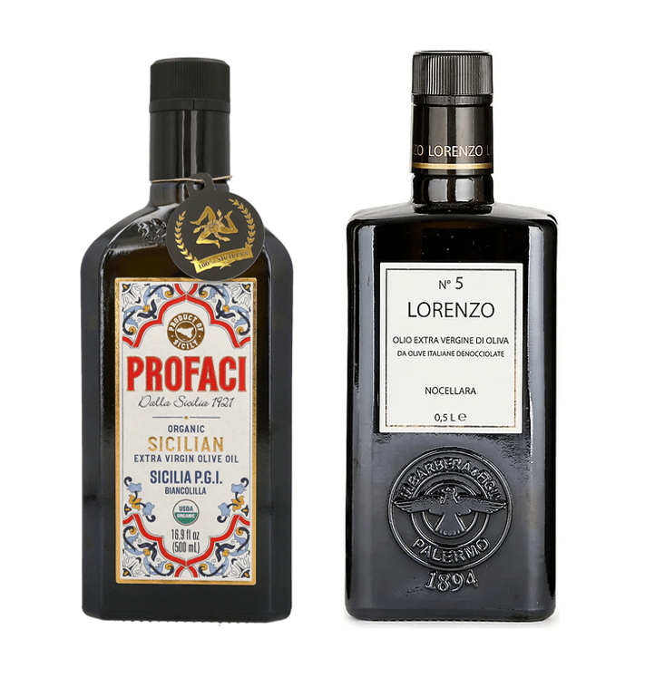 (Sicilian COMBO) Profaci and Barbera Lorenzo No. 5 - Sicilian Extra Virgin Olive Oils, 100% single - olive oils, Profaci Biancolilla and Barbera Nocellara - Sicily Kitchen